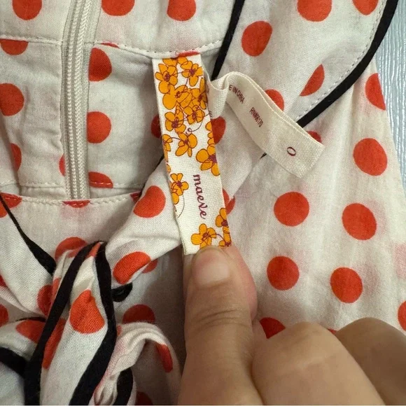 Maeve White and Orange Polkadot Halter Dress with Black Trim Size 0